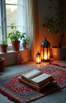 Open Quran book placed on ornate rug near window. Lanterns provide warm light, plants add decor. Peaceful prayer corner setup for quiet contemplation and worship.