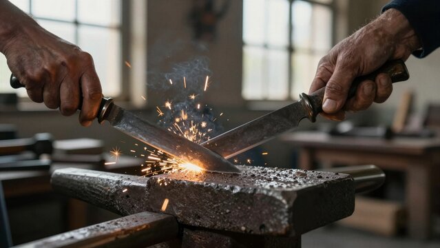 Close-up of hands sharpening a knife on a grinding stone, producing bright sparks in an workshop setting.