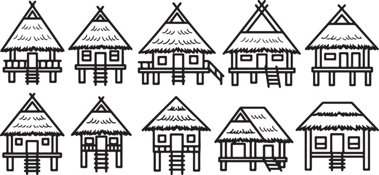 Black and white sketch of various house designs with detailed architectural elements Vector