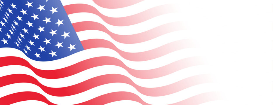USA flag fading to White background, American waving flag border