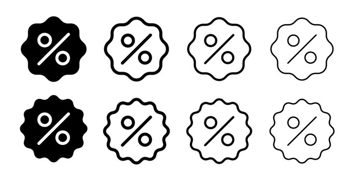 Black and white percentage discount badge icons simple sale and offer symbols for marketing, and digital advertising templates. Flat and Outline Style with heavy and light strokes