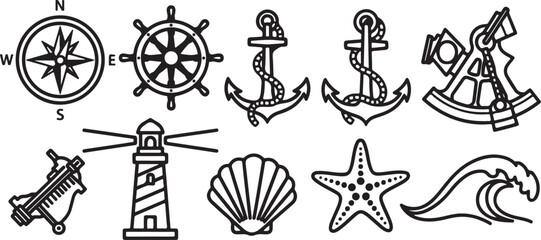 Various symbols representing compass navigation and maritime safety Vector © Alex