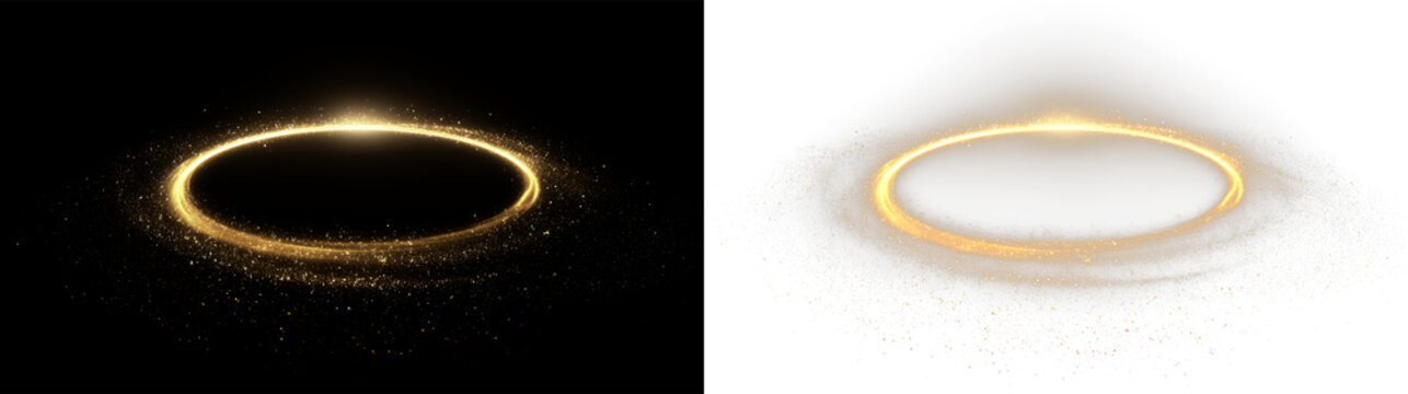 Gold circle with light effect and sparkles on a transparent background for designs and graphics