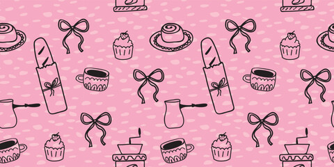 Coquette Aesthetic Seamless Pattern with French Baguettes Pink Bows and Strawberry Cupcakes