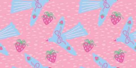 Seamless pattern with folk birds and strawberries on pink background for coquette aesthetic textile design