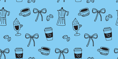 Cute Coffee Lover Seamless Pattern with Blue Bows Moka Pot and Takeaway Cups