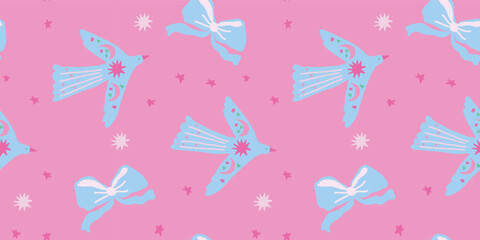 Celestial folk birds with stars and moon ornaments on pink background for magical nursery design