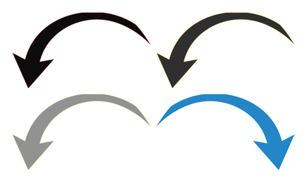 Curved arrow vector set, four downward pointing arc arrows in black, gray, and blue, versatile graphic elements for UI design and navigation