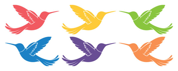 Obraz premium Colorful hummingbird vector set, six vibrant flying bird silhouettes, modern nature-inspired graphic elements, ideal for branding and decorative design projects