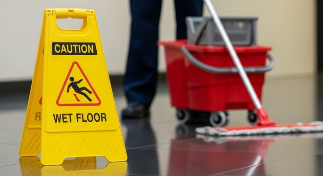 Yellow caution sign warning of wet floor near cleaning equipment
