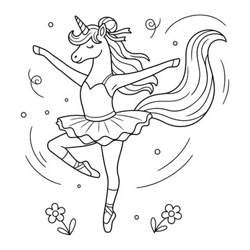 Unicorn ballerina character dancing gracefully in tutu dress line art coloring page