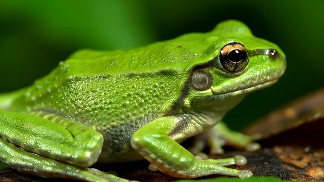 Cinematic 4k close-up of a vibrant green tree frog with detailed skin texture on a mossy branch