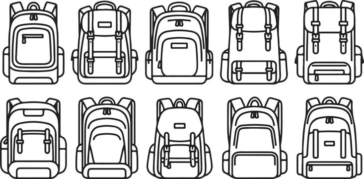 Various types of backpacks and bags in simple black line drawings Vector