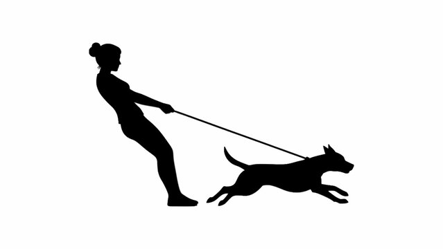 Silhouette of woman pulling dog on leash isolated on white