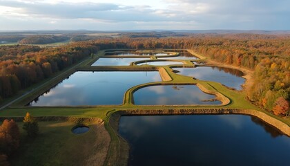 Fototapeta premium Aerial view of aquaculture ponds in autumn. Forests with colorful trees surround water reservoirs. Rural landscape shows organized fish farm layout. Agricultural system for fish cultivation.