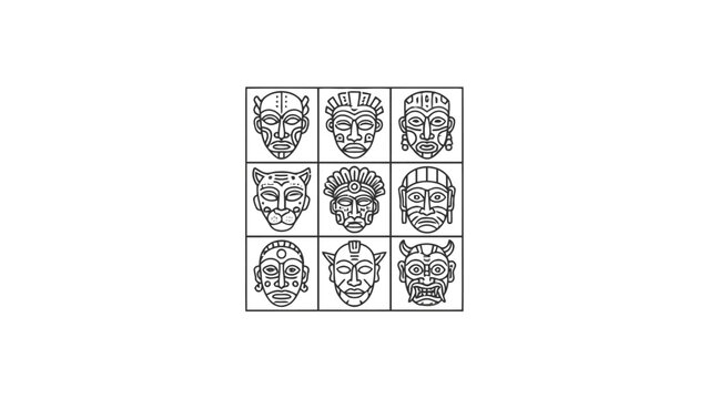Tribal mask line art icons set on white background