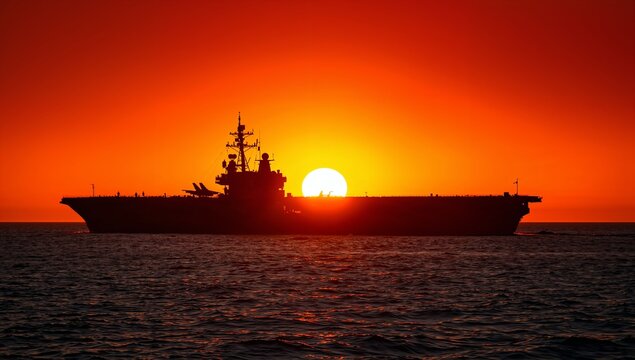 Aircraft Carrier Silhouette Against Vibrant Orange Sunset Sky