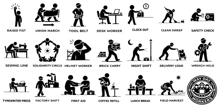 労働者の日をテーマにした職業アイコンセット（多様な働き方）、Labor Day Worker Icons Set Showing Diverse Occupations