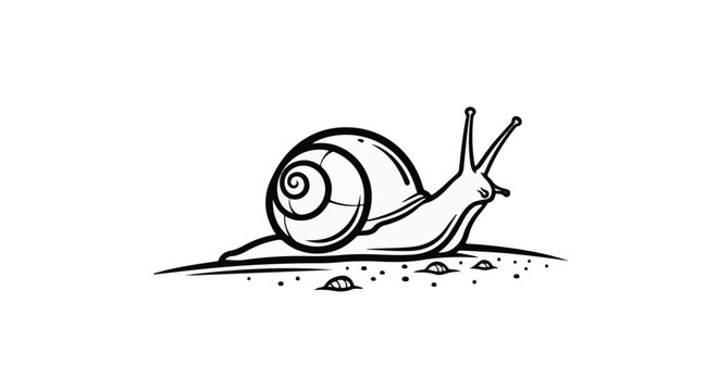 A black and white drawing of a snail moving across textured ground