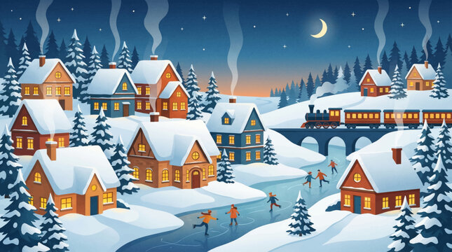 Snowy Village Winter Night Scene.