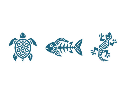 Tribal Turtle Fish and Gecko Polynesian Style Icons Set