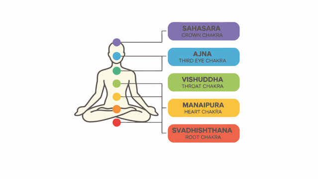 Seven chakra system infographic on human meditation silhouette
