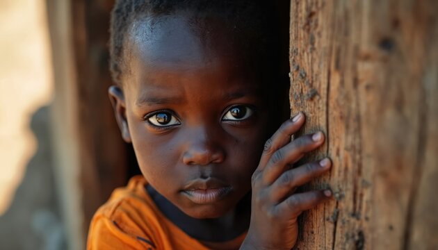 Close-up portrait of young African child with sad eyes. Child leans against weathered wooden post, wearing orange shirt. Represents poverty and need for aid.