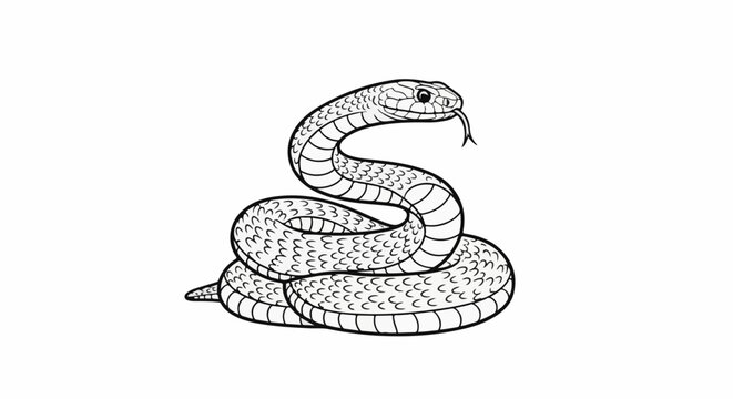 A black and white illustration of a coiled snake with its tongue flicking