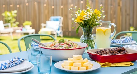 Fototapeta premium summer brunch table setting with fresh salad and lemonade