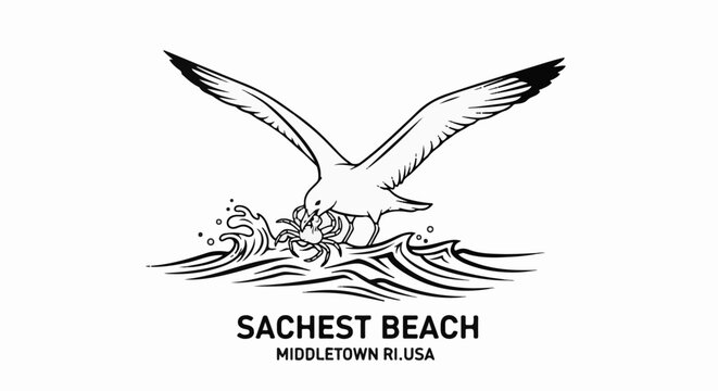 A black and white illustration of a seagull catching a crab amidst ocean waves