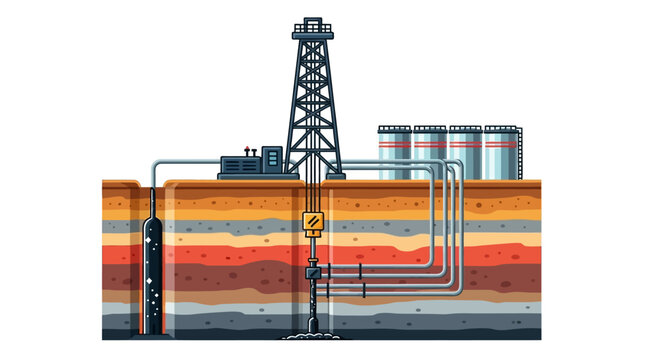Illustration of a drilling rig, subsurface oil and gas extraction process, and storage tanks