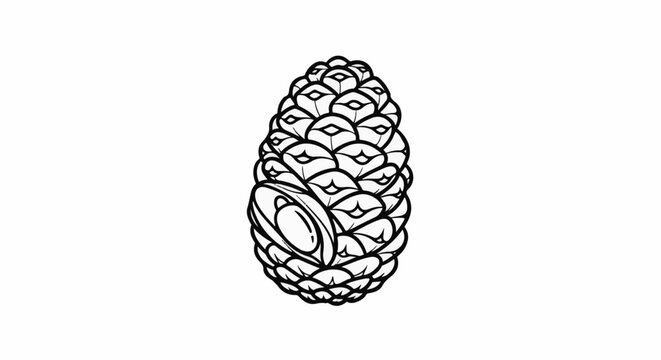 A detailed black and white line drawing of a single pine cone with scales and a seed