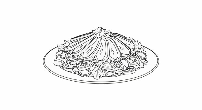 A black and white line drawing depicts a piled salad on a plate