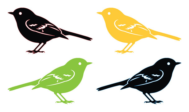 Minimalist bird vector set, four colorful songbird illustrations, simple avian silhouettes in black, yellow, and green, versatile nature graphics for design projects