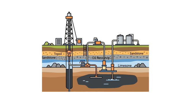 An illustrated diagram showing the extraction of crude oil and natural gas from underground geological formations, including sandstone and limestone layers