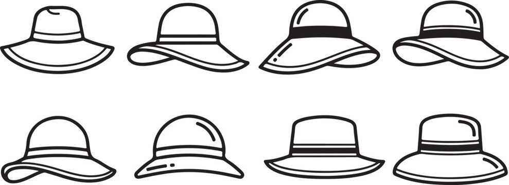 Drawing of eight different types of hats lined up horizontally Vector