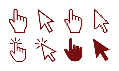 Fototapeta premium Modern cursor icon set, eight distinct pointer symbols for web design and user interface, digital navigation vector collection, click and select graphic elements.