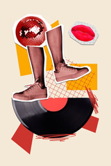 Trend artwork banner sketch 3D collage of silhouette legs stand half vinyl record discoball...