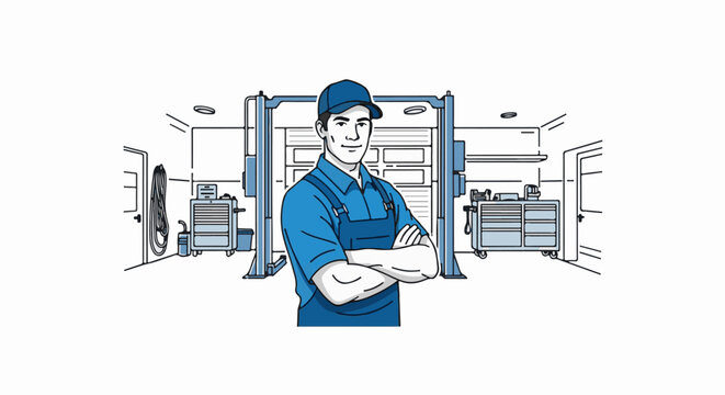 A friendly auto mechanic stands in a repair shop with tools