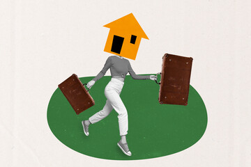 Composite trendy magazine photo collage of anonym girl instead head home icon refugee relocation...
