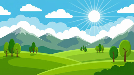Fototapeta premium Green landscape with sunny sky.