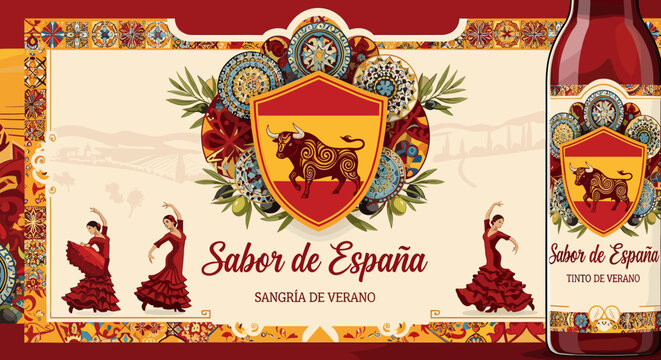 Vibrant Spanish Sangria bottle label featuring a bull emblem, flamenco dancers, and traditional decorative elements, celebrating the taste of Spain.