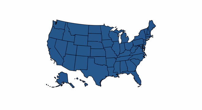 A map of the United States with all states filled in dark blue with white borders