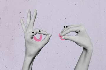 Trend artwork banner sketch photo collage of funny abstract emoji cartoon expression hand face...