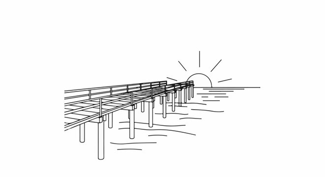 A simple line drawing of a pier extending over water with a rising sun