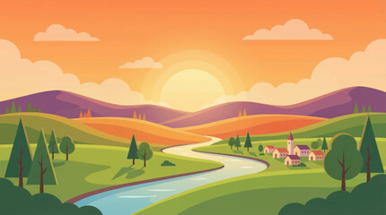 Fototapeta premium Sunset over rolling green hills.