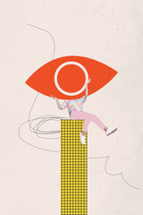 Vertical image sketch collage of anonym girl instead head avatar eyeball stare control esoteric...
