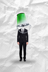 Vertical image artwork banner collage of anonym man instead head metal bucket bullying pressure...
