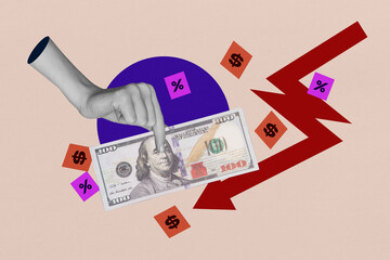 Composite 3D collage trend artwork template design of trade market hand hold dollars investment...