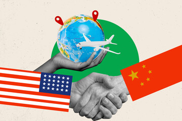 3D collage poster trend of country america china handshake success hold globe world point plane fly...